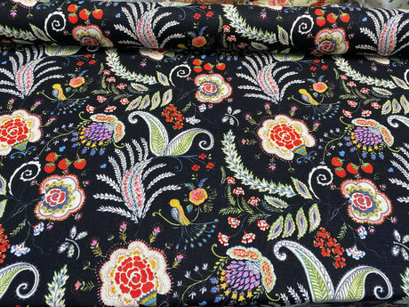 P Kaufmann Hidden Charms Linen Rayon Blend Fabric - Fiesta Black Birds And Berries Floral, 54" Width (By The Yard)