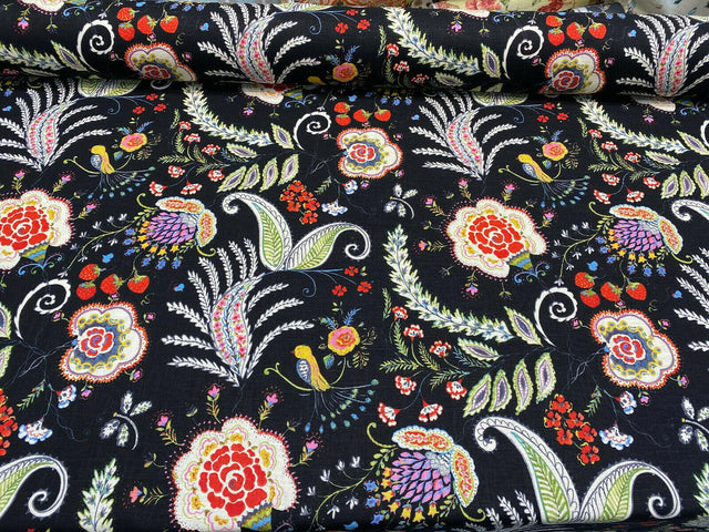 P Kaufmann Hidden Charms Linen Rayon Blend Fabric - Fiesta Black Birds And Berries Floral, 54" Width (By The Yard)