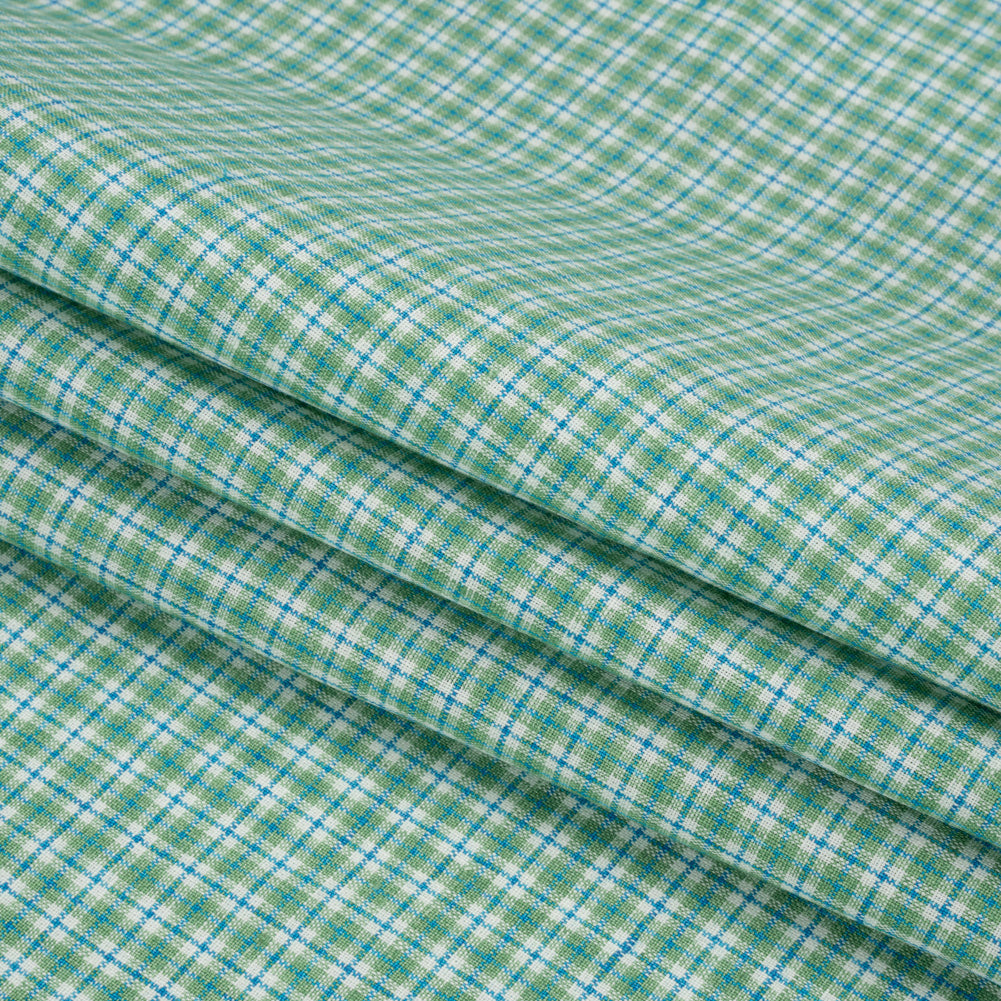 Grass Green, Blue and White Plaid Medium Weight Linen Woven
