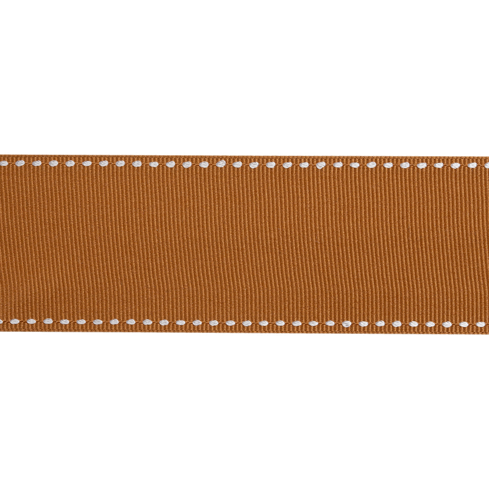 Grosgrain Ribbon with White Stitched Borders - Light Brown - 1.5"
