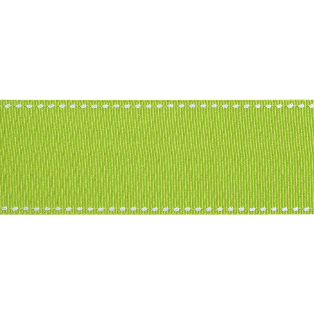 Grosgrain Ribbon with White Stitched Borders - Lime Green - 1.5"