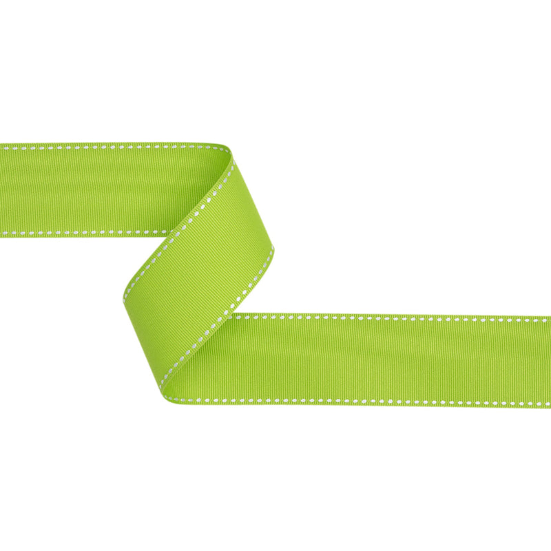 Grosgrain Ribbon with White Stitched Borders - Lime Green - 1.5"