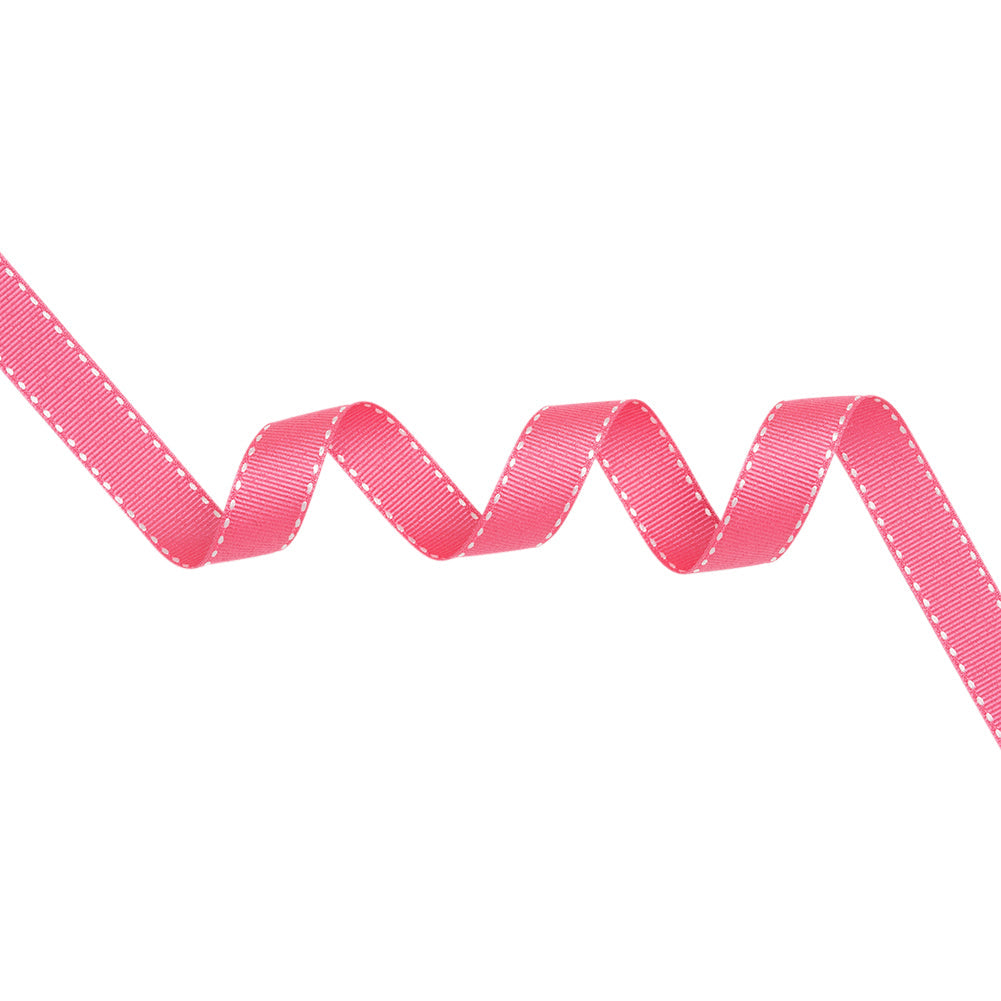 Grosgrain Ribbon with White Stitched Borders - Hot Pink - 0.625"