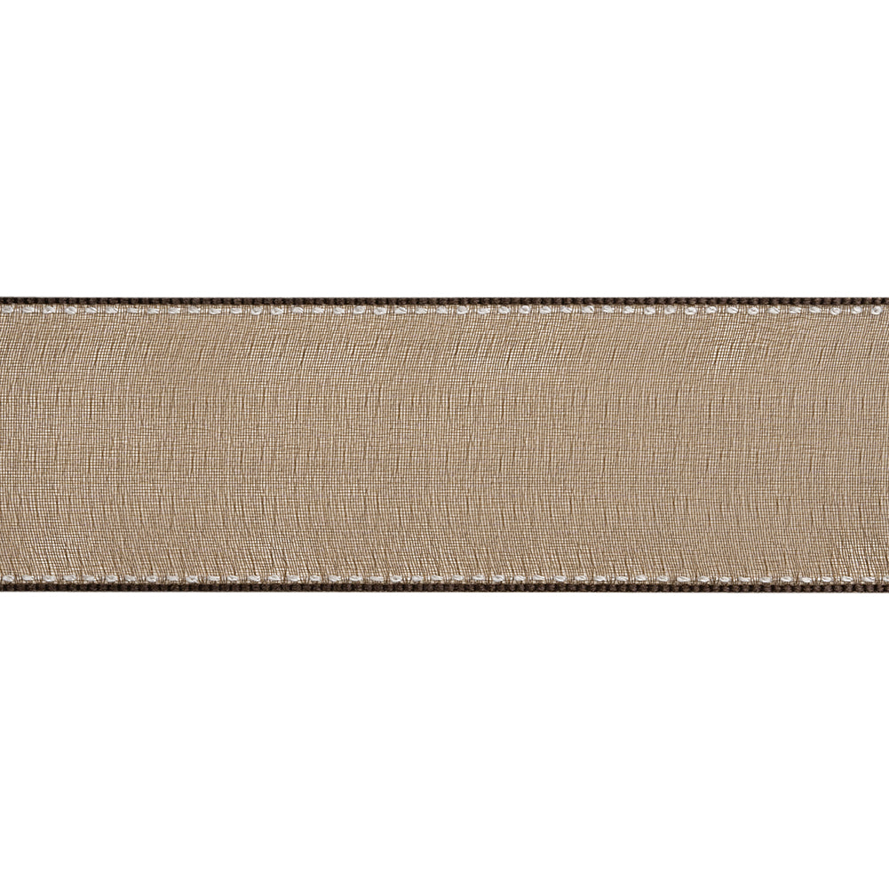 Sheer Ribbon with White Stitched Border - 1.625" - Brown