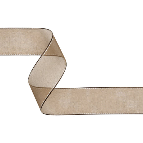 Sheer Ribbon with White Stitched Border - 1.625" - Brown