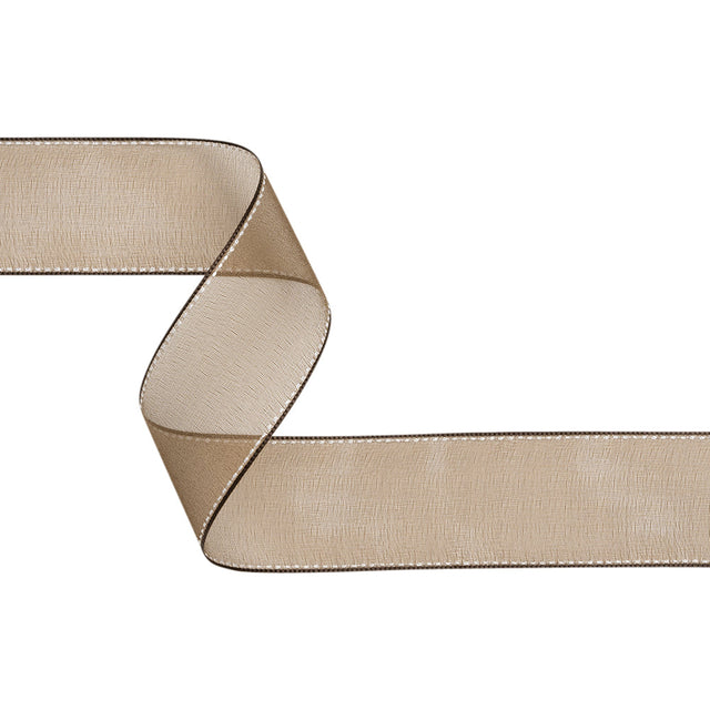 Sheer Ribbon with White Stitched Border - 1.625" - Brown