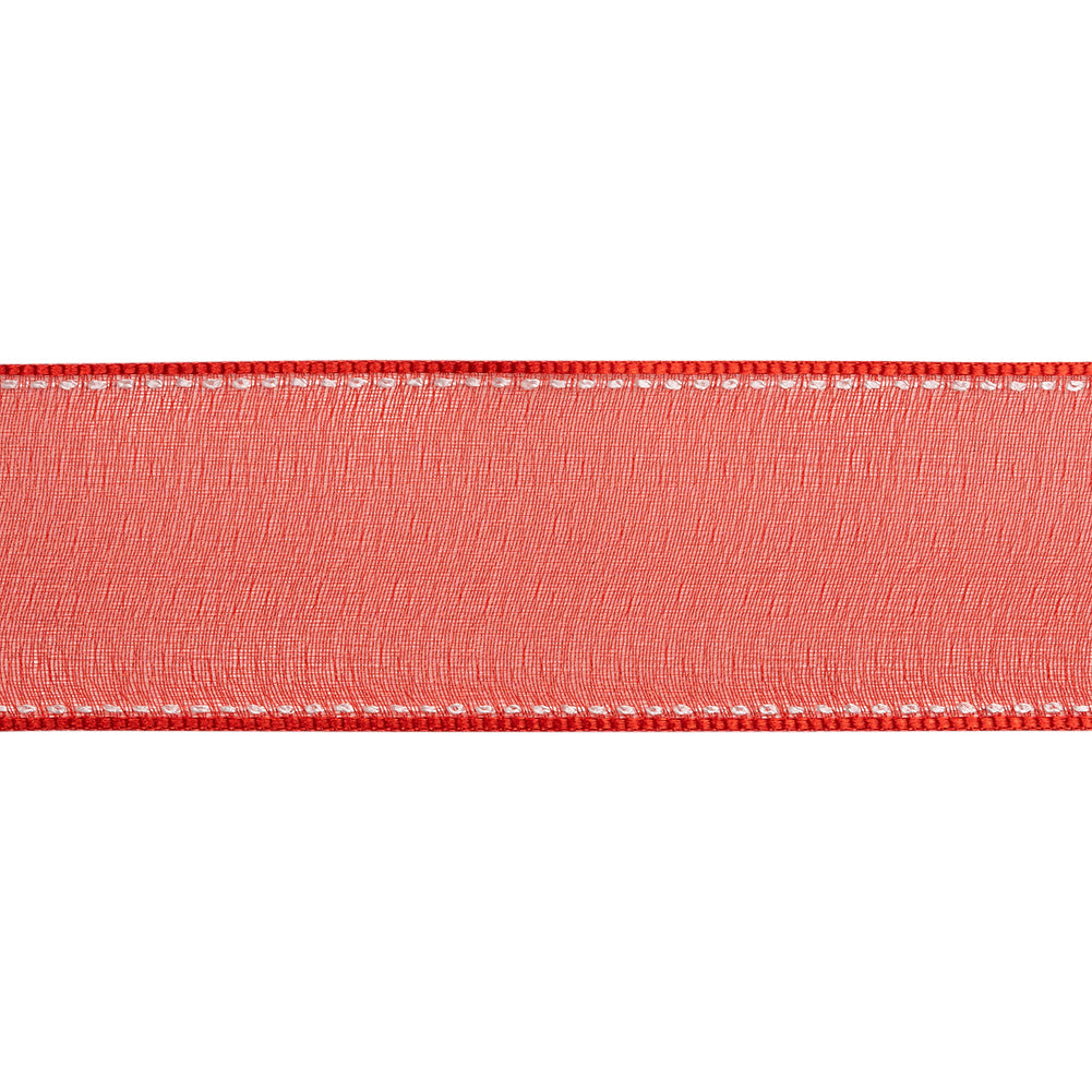 Sheer Ribbon with White Stitched Border - 1.5" - Red