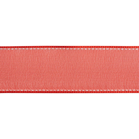 Sheer Ribbon with White Stitched Border - 1.5" - Red