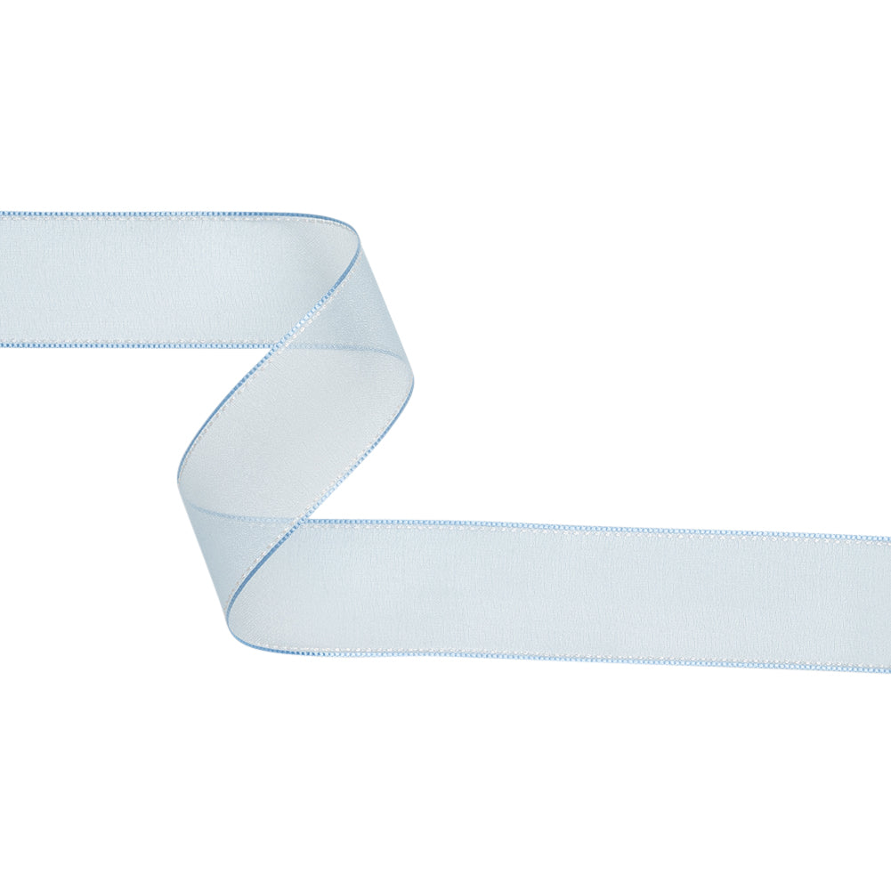 Sheer Ribbon with White Stitched Border - 1.5" - Baby Blue