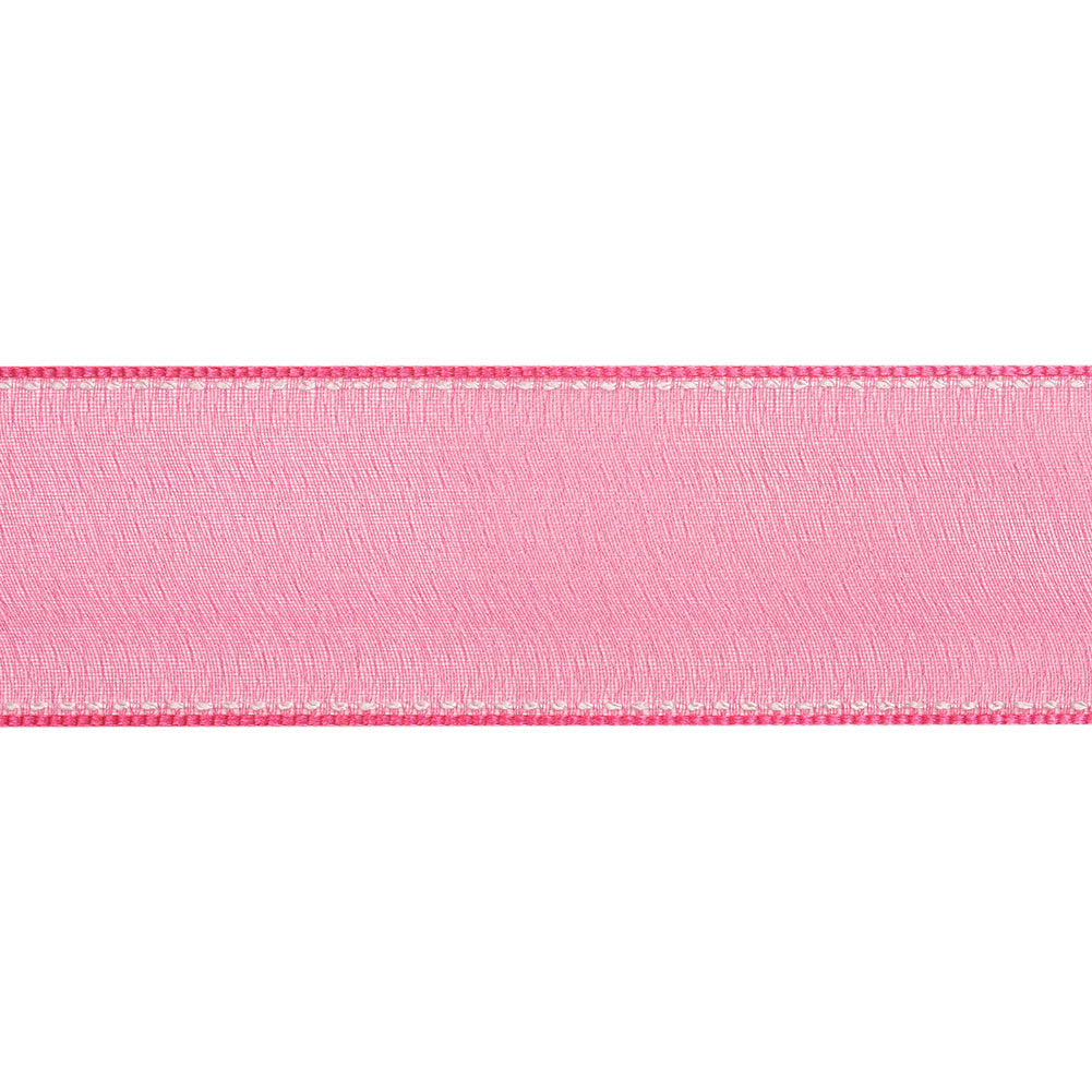 Sheer Ribbon with White Stitched Border - 1.5" - Fuchsia
