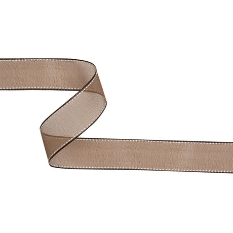 Sheer Ribbon with White Stitched Border - 1" - Brown