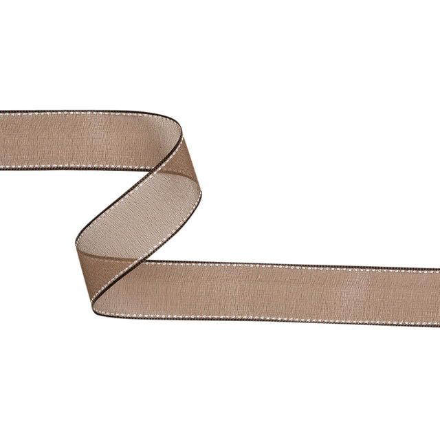 Sheer Ribbon with White Stitched Border - 1" - Brown