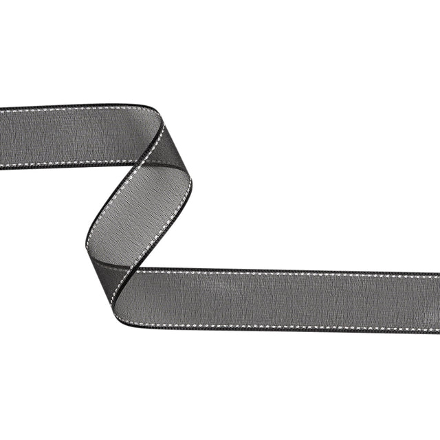 Sheer Ribbon with White Stitched Border - 1" - Black