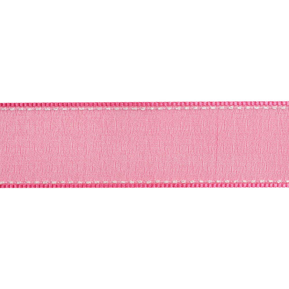 Sheer Ribbon with White Stitched Border - 1" - Fuchsia