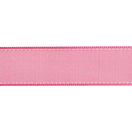 Sheer Ribbon with White Stitched Border - 1" - Fuchsia