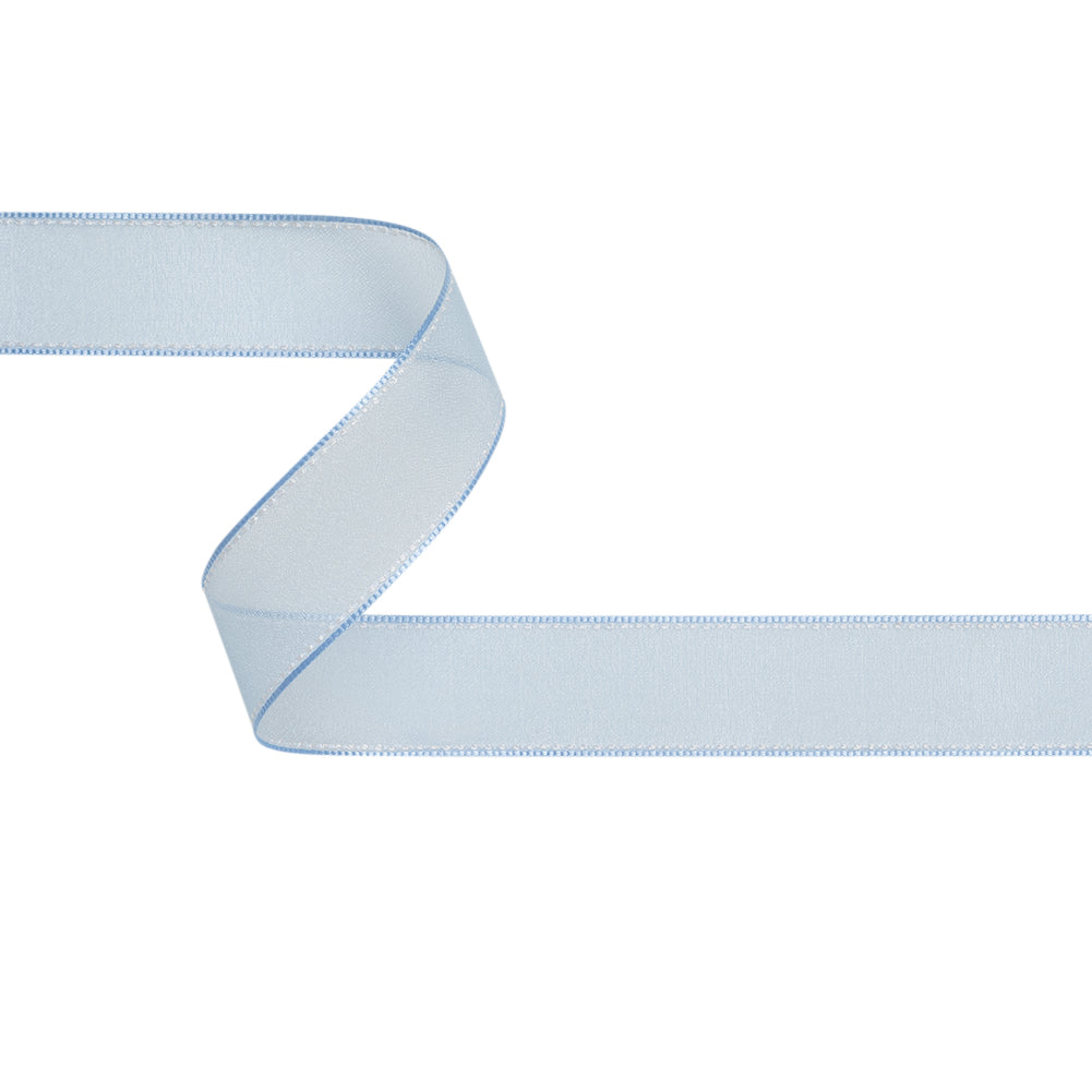 Sheer Ribbon with White Stitched Border - 1" - Baby Blue