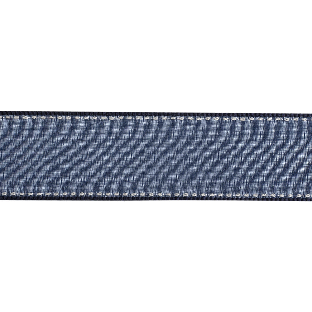 Sheer Ribbon with White Stitched Border - 1" - Navy
