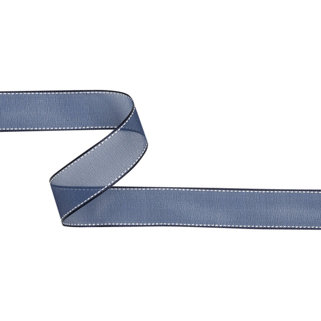 Sheer Ribbon with White Stitched Border - 1" - Navy