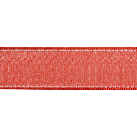 Sheer Ribbon with White Stitched Border - 1" - Red