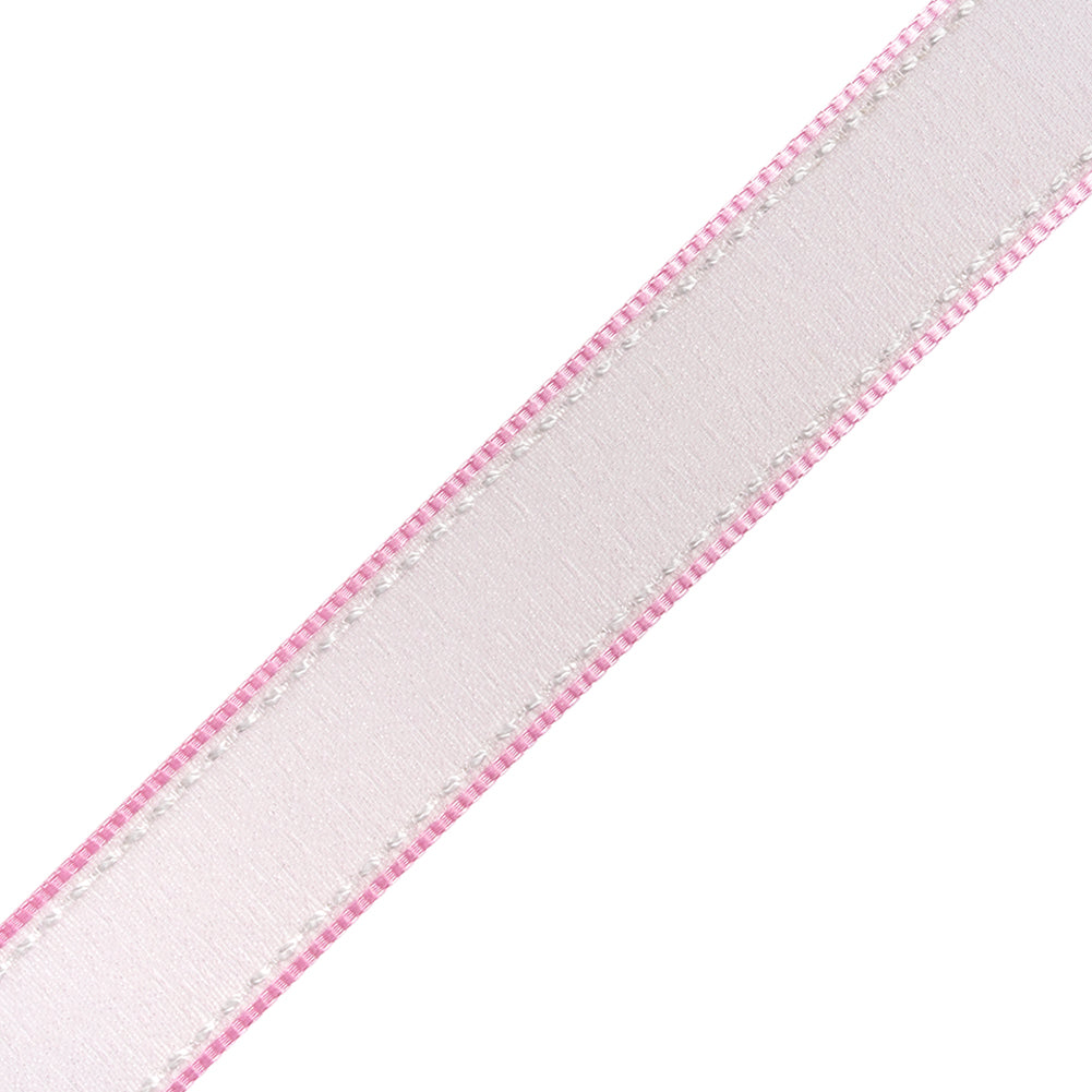 Sheer Ribbon with White Stitched Border - 0.75" - Pink