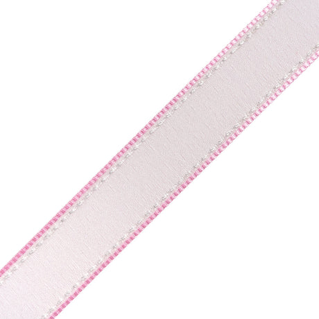 Sheer Ribbon with White Stitched Border - 0.75" - Pink