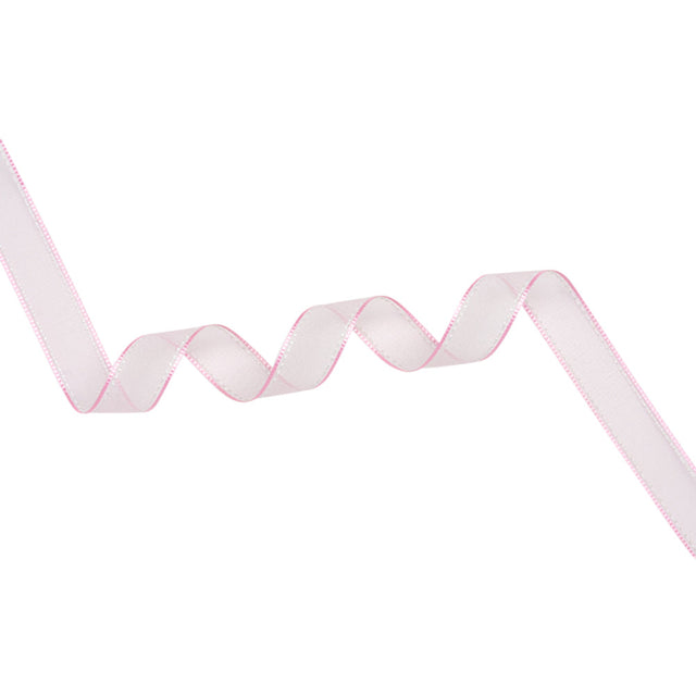 Sheer Ribbon with White Stitched Border - 0.75" - Pink