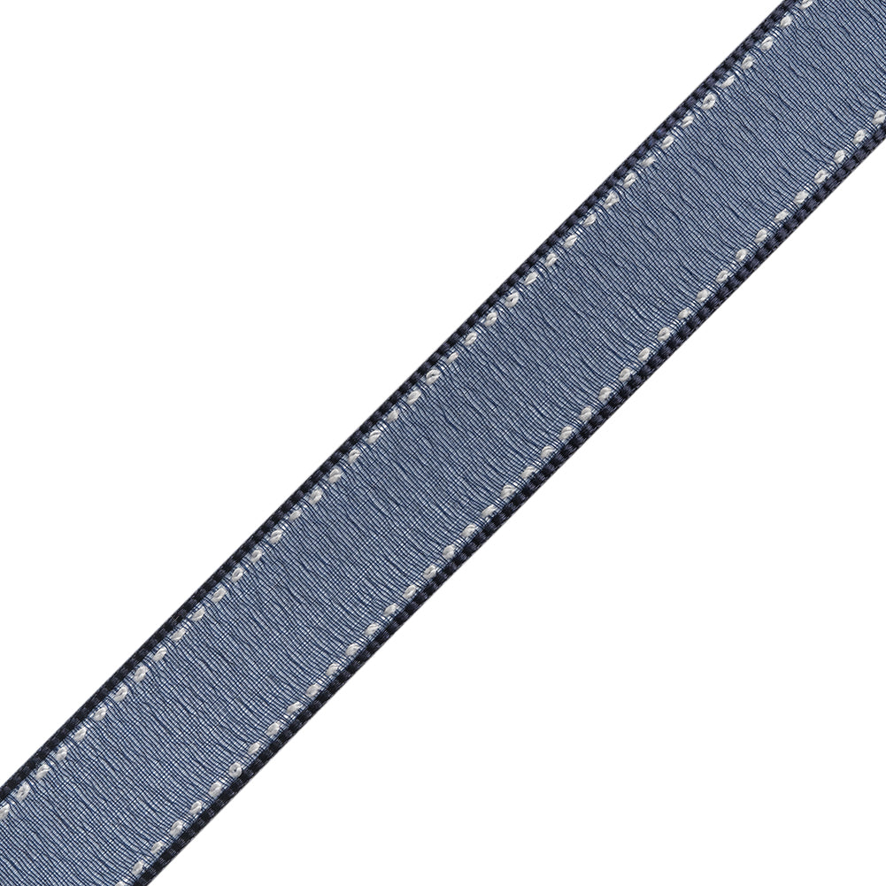 Sheer Ribbon with White Stitched Border - 0.75" - Navy