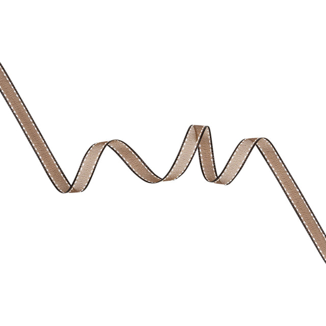 Sheer Ribbon with White Stitched Border - 0.5" - Brown