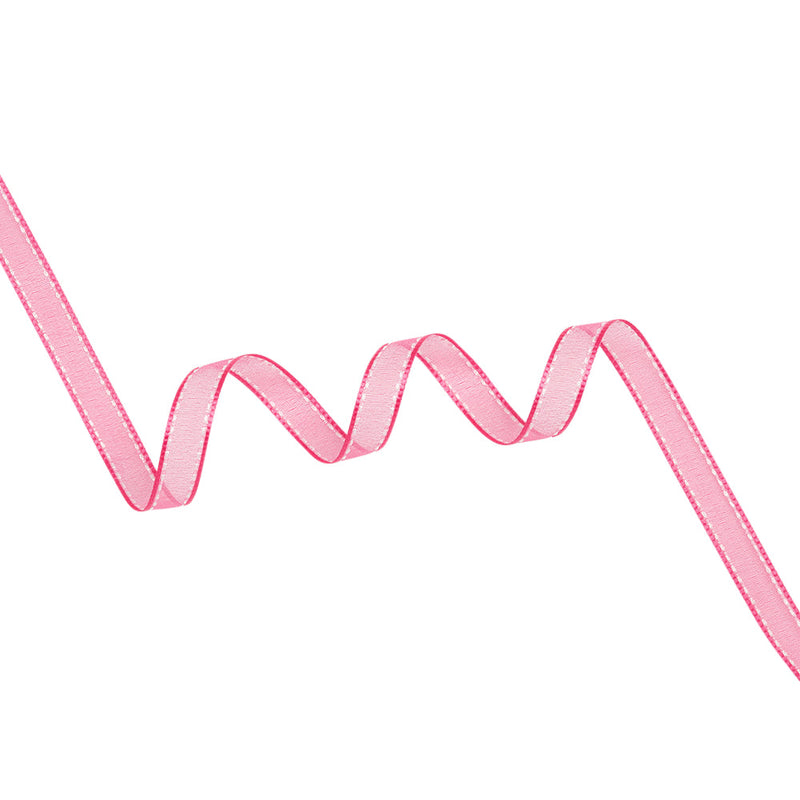 Sheer Ribbon with White Stitched Border - 0.5" - Fuchsia