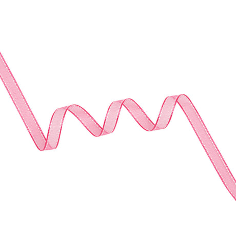 Sheer Ribbon with White Stitched Border - 0.5" - Fuchsia