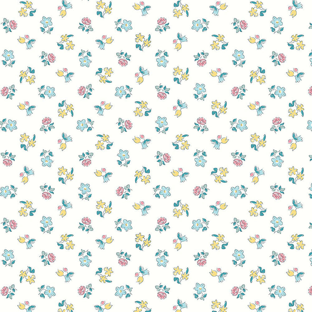 Liberty Art Fabrics Muted Blue and Yellow Spring Buds Lasenby Quilting Cotton