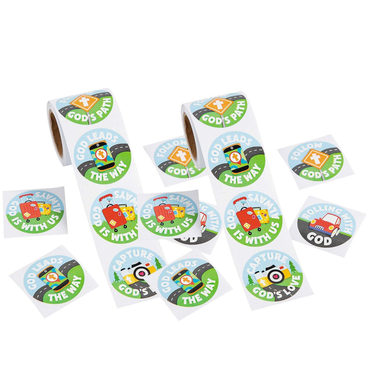On the Road VBS Paper Sticker Roll 100 Pieces 1.5 Inch Travel & Faith Messages