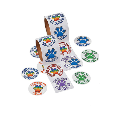 2 1/4" Multicolor Motivational Paw Print Sticker Roll 100 Pc