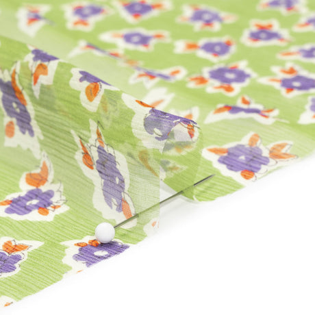 Green, Purple and Orange Little Flowers Crinkled Silk Chiffon