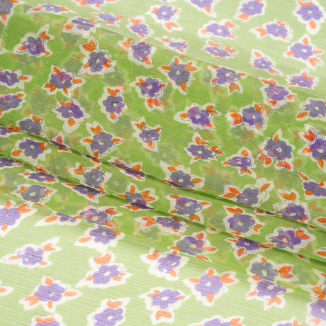 Green, Purple and Orange Little Flowers Crinkled Silk Chiffon