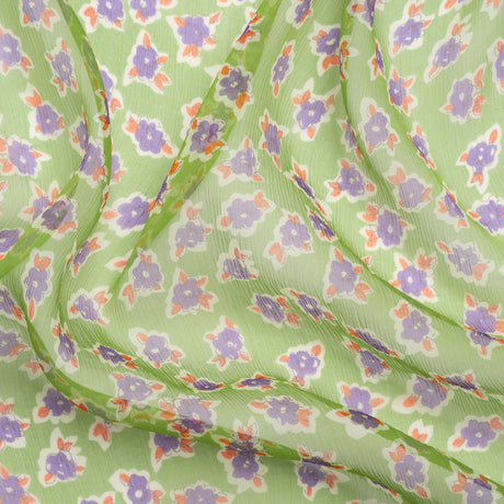Green, Purple and Orange Little Flowers Crinkled Silk Chiffon