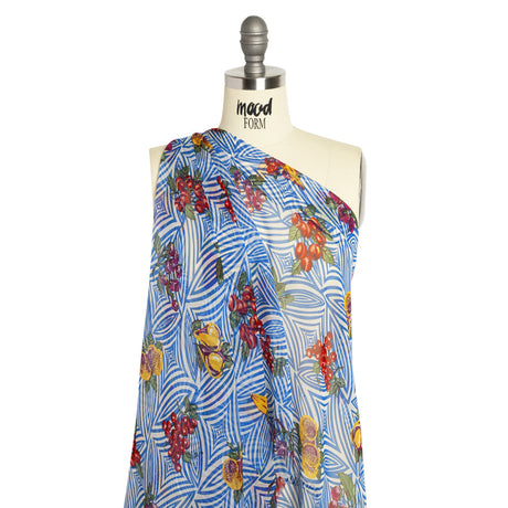 Blue, White, and Green Op Art Fruits Silk Chiffon