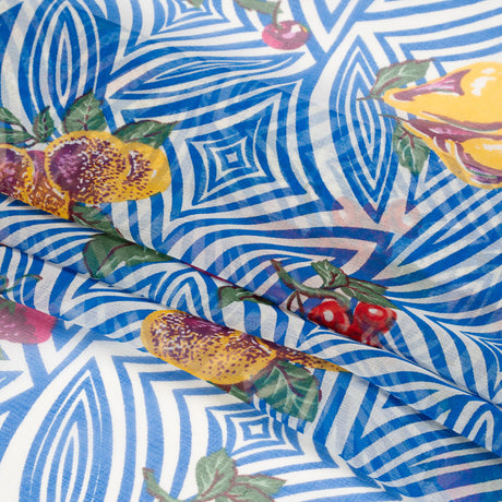 Blue, White, and Green Op Art Fruits Silk Chiffon