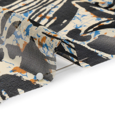 Blue, Orange and Black Wax Resist Floral Silk Chiffon