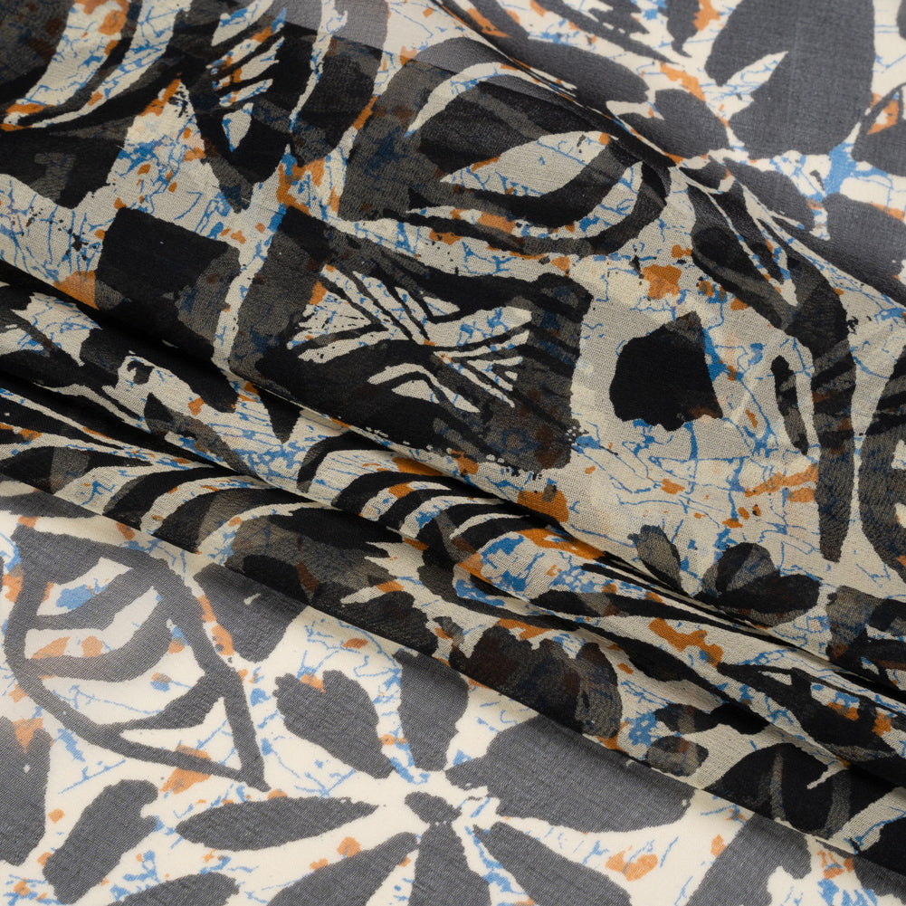 Blue, Orange and Black Wax Resist Floral Silk Chiffon