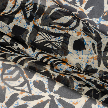 Blue, Orange and Black Wax Resist Floral Silk Chiffon