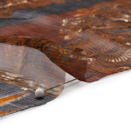 Brown, Rust and Black Decorated Stripes Crinkled Silk Chiffon