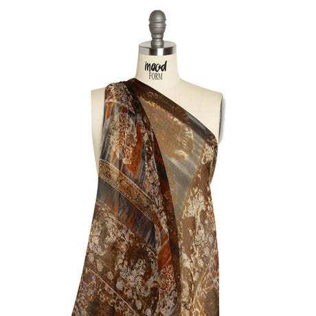 Brown, Rust and Black Decorated Stripes Crinkled Silk Chiffon