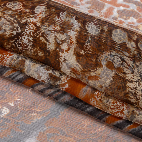 Brown, Rust and Black Decorated Stripes Crinkled Silk Chiffon