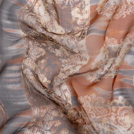 Brown, Rust and Black Decorated Stripes Crinkled Silk Chiffon