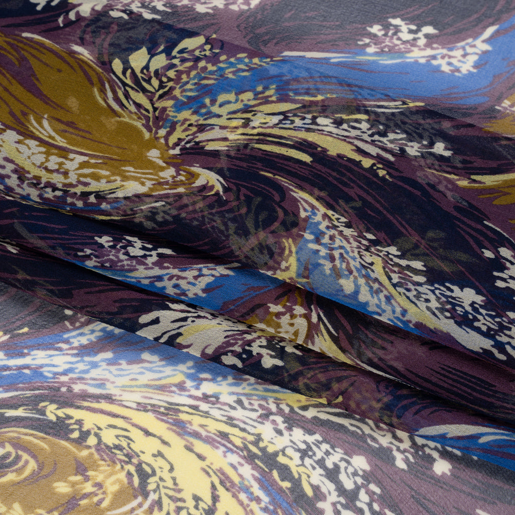 Blue, Purple and Yellow Swirling Bouquets Silk Chiffon