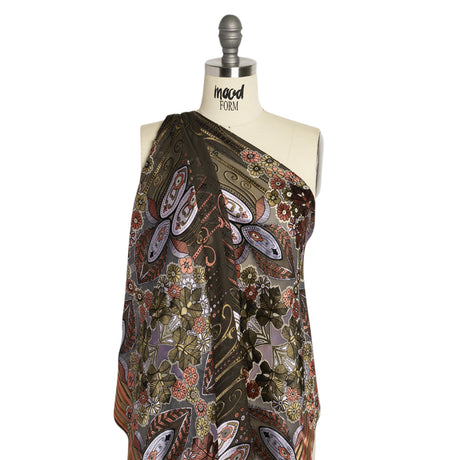 Pink, Lilac and Gray Flowers, Stripes, and Ornate Scrolls Silk and Rayon Burnout Satin