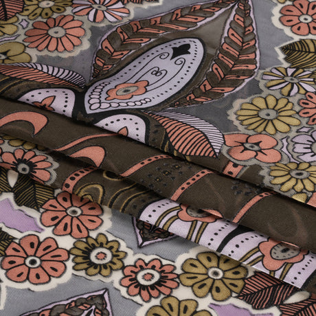 Pink, Lilac and Gray Flowers, Stripes, and Ornate Scrolls Silk and Rayon Burnout Satin
