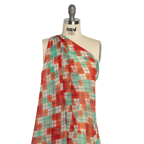 Red, Mint and Cream Argyle Crinkled Silk Chiffon