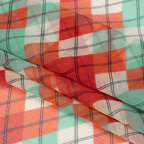 Red, Mint and Cream Argyle Crinkled Silk Chiffon